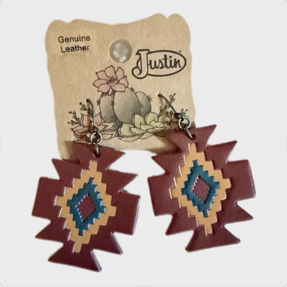 Western Earrings- Justin Boots, Brown, Blue, Cream Geometric